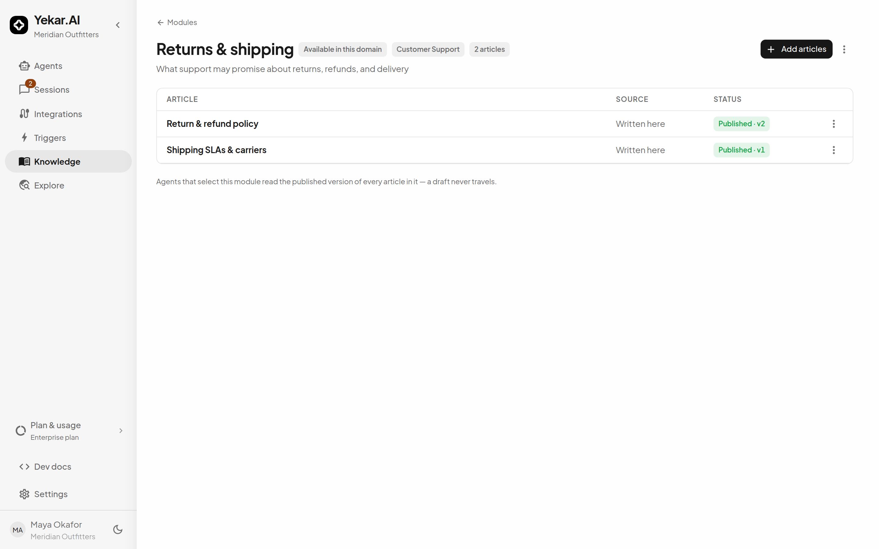 A module's page: the articles it carries, its availability, and the agents bound to it