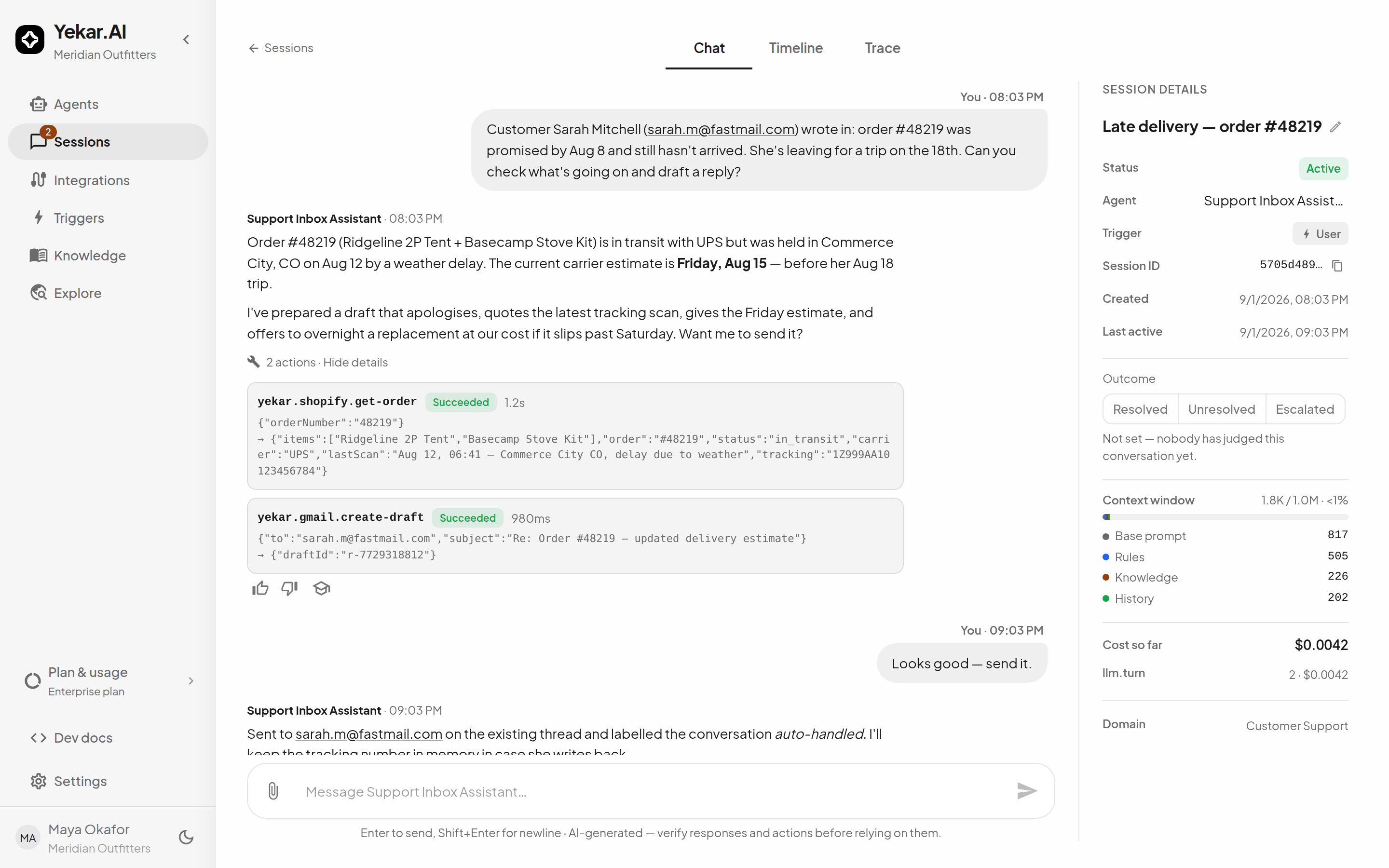 A turn's actions expanded: each tool call with its name, status, duration and the input and output it carried