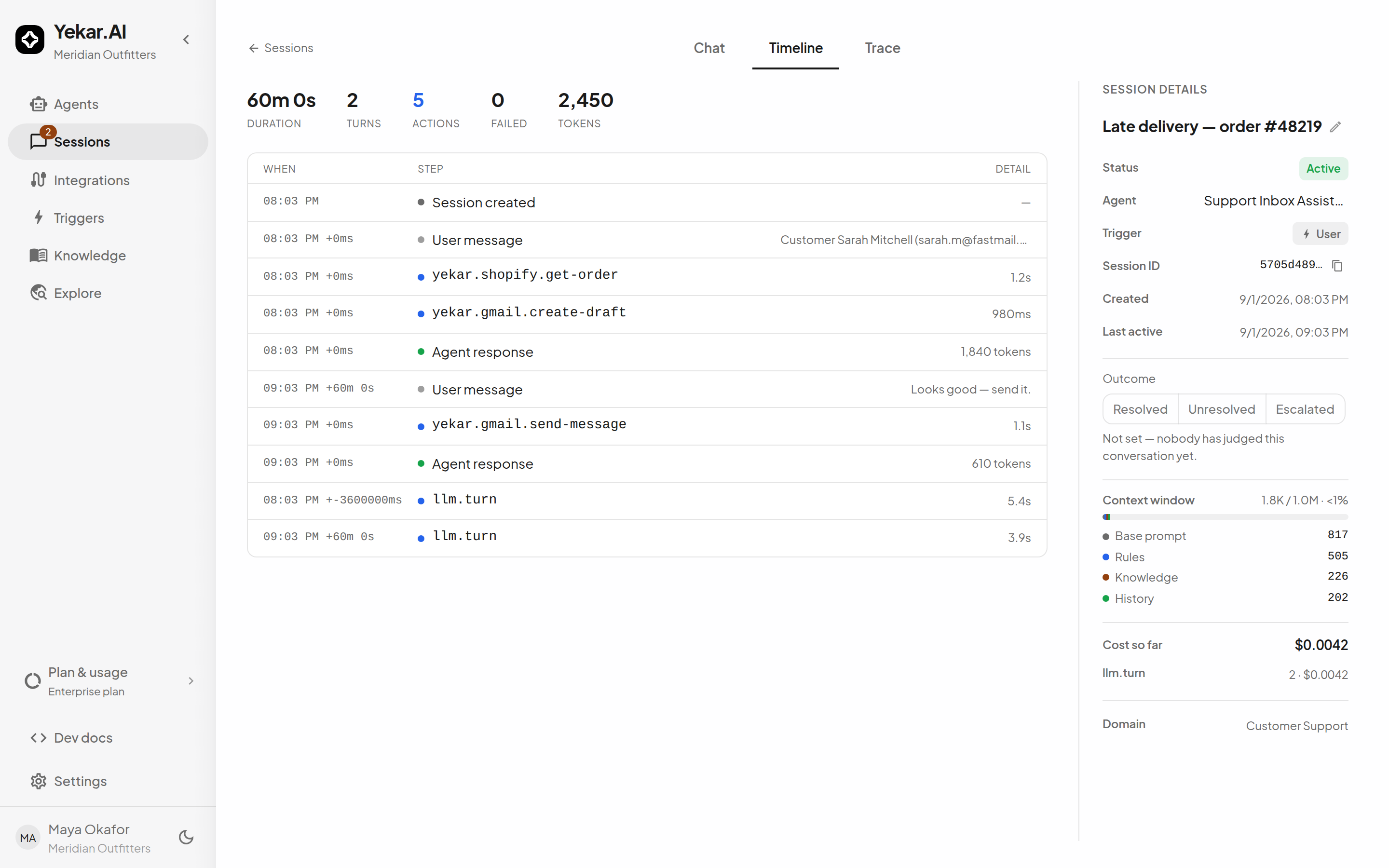 The Timeline tab: tiles for duration, turns, actions, failed and tokens, then the ordered record of messages and tool calls