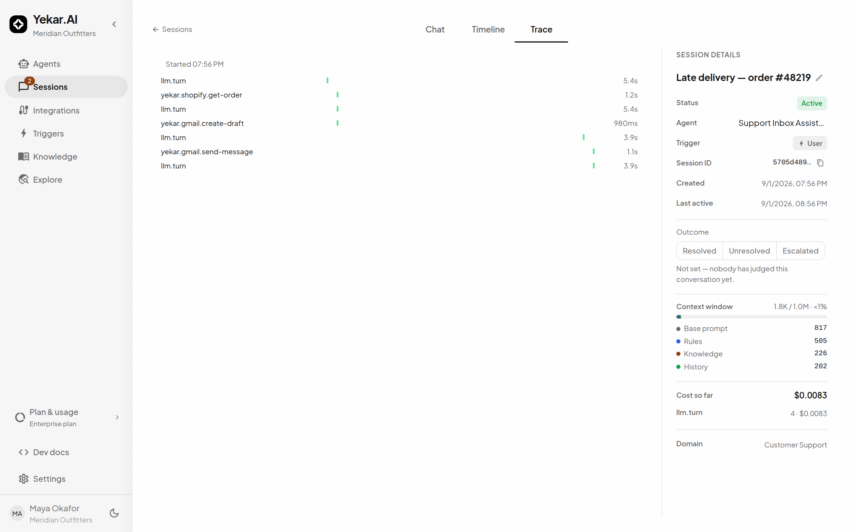 The Trace tab: turns and tool calls as bars on a time axis, with an open-ended bar for work still in flight