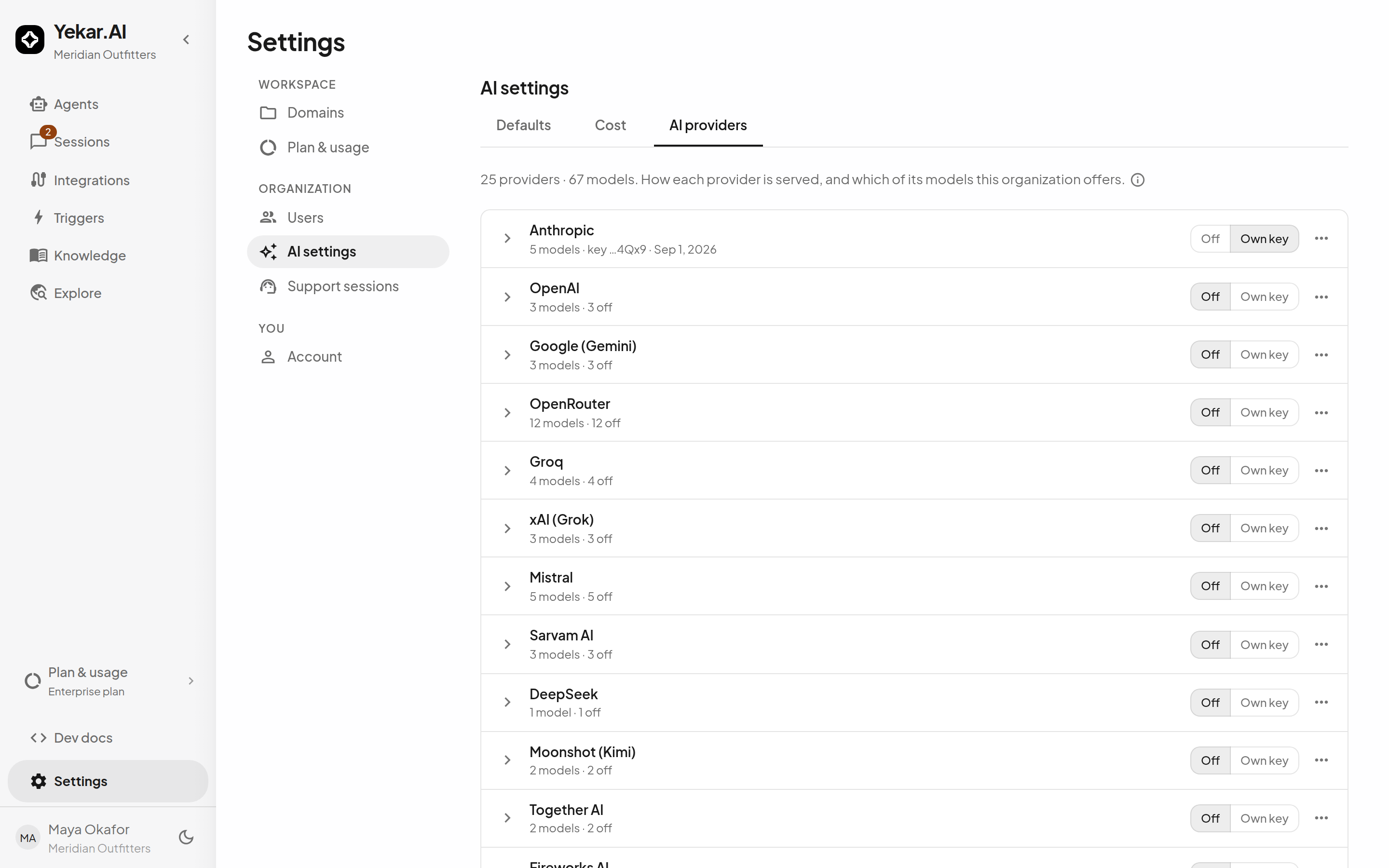 Settings → AI settings → AI providers: every provider with its Off / Own key / Managed state and model count